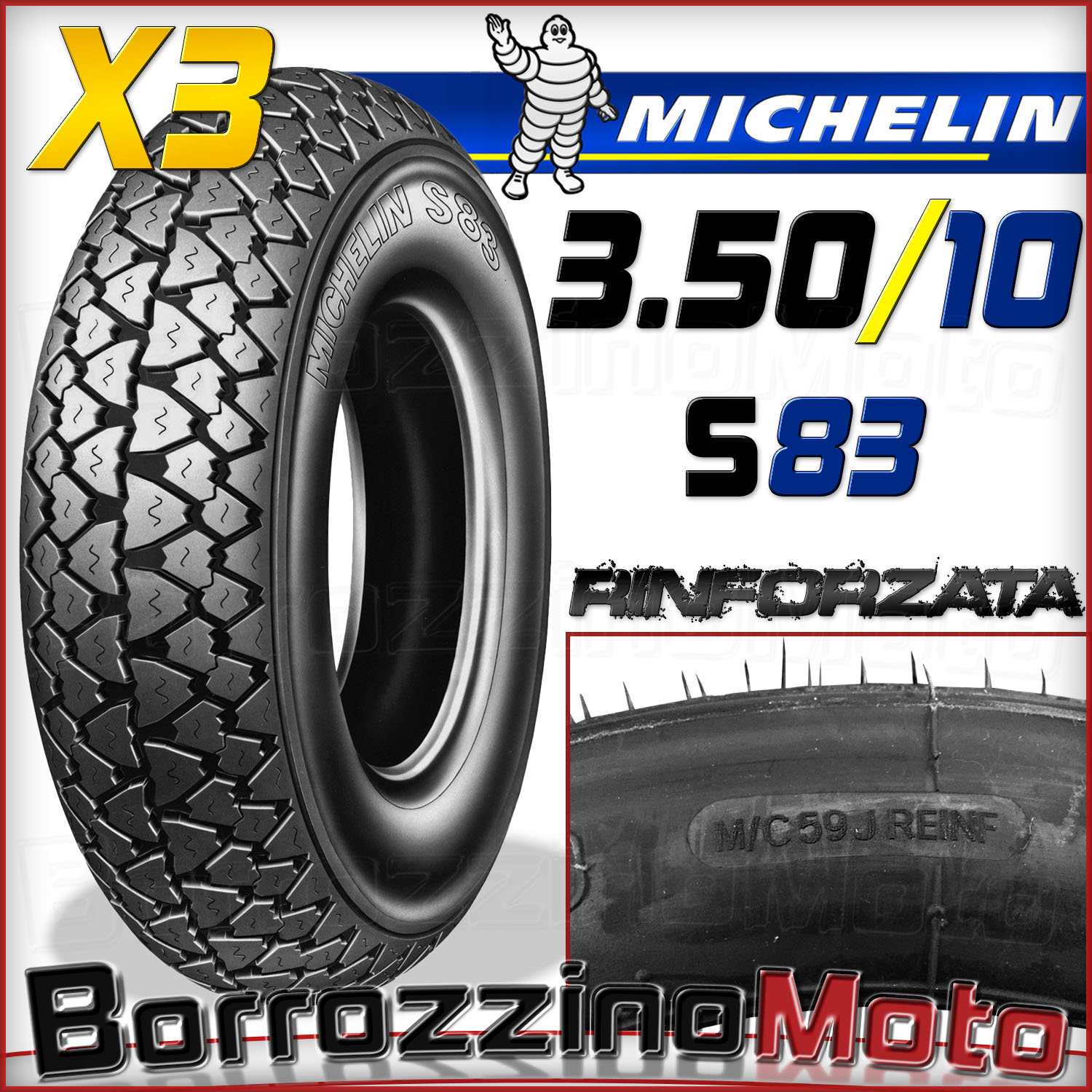 3 GOMME COPERTONI MICHELIN S83 RINFORZATE VESPA PX 125 150 200 3.50.10