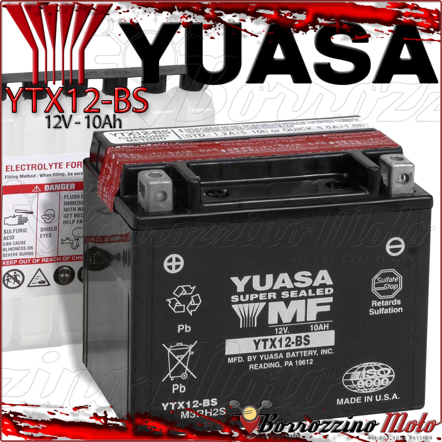 Details about BATTERY YUASA YTX12-BS 12V 10Ah MALAGUTI 250 F12 Phantom Max  (Engine Piaggio)